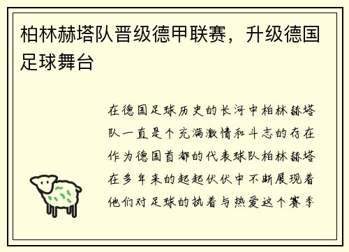 柏林赫塔队晋级德甲联赛，升级德国足球舞台